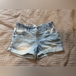 SO Paper bag Style Blue Jean Shorts with Cuffed Hems and Distressed Details